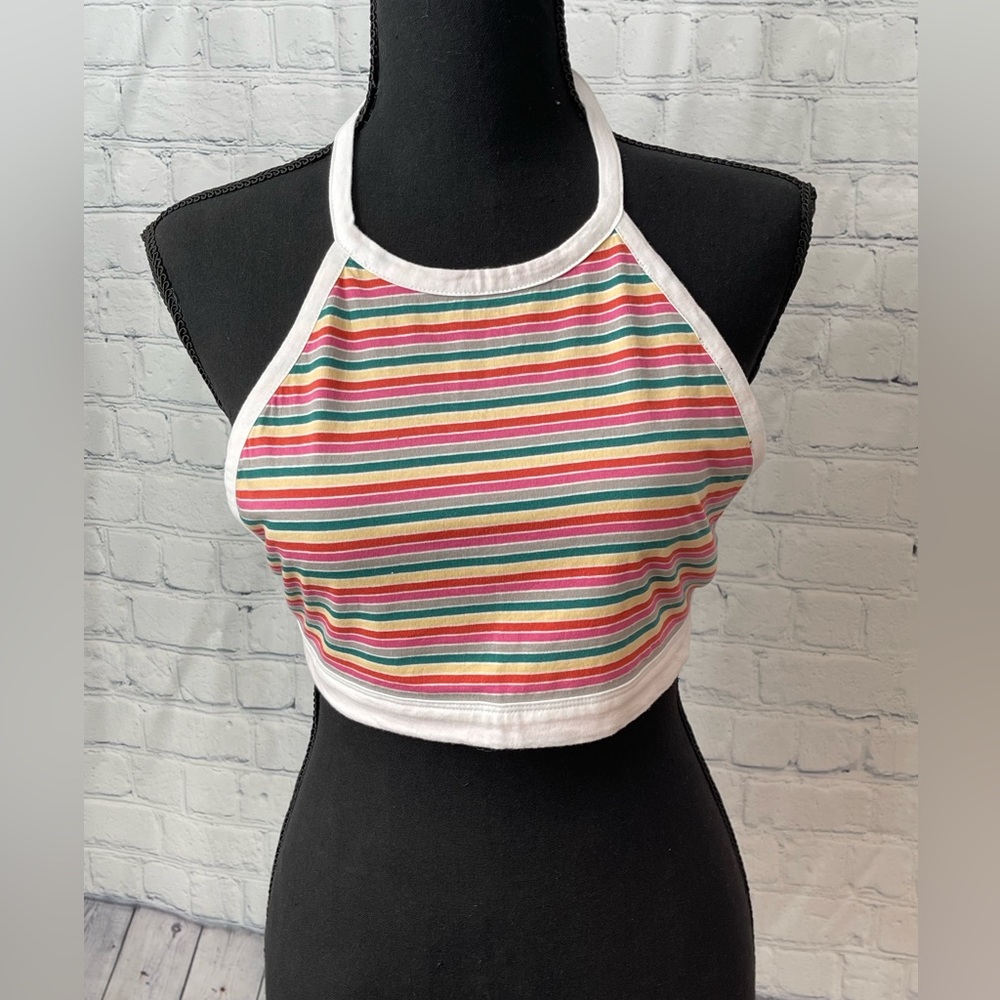 Urban Outfitters Rainbow Striped Halter Crop Top - White Trim